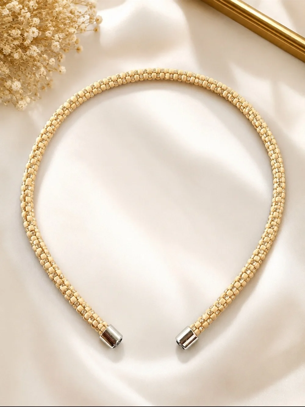Beaded Cream Headband with Silver Caps